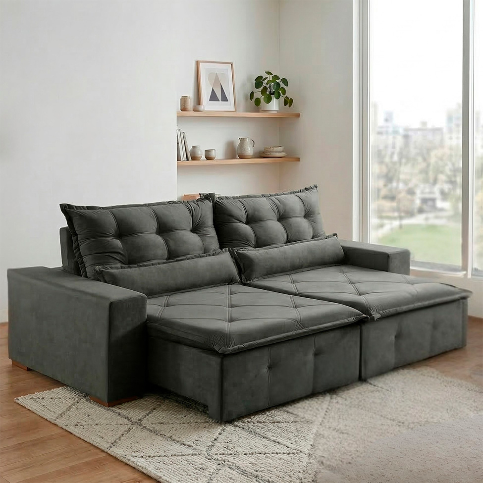 Sofá 4 Lugares Retrátil e Reclinável França Suede Cinza