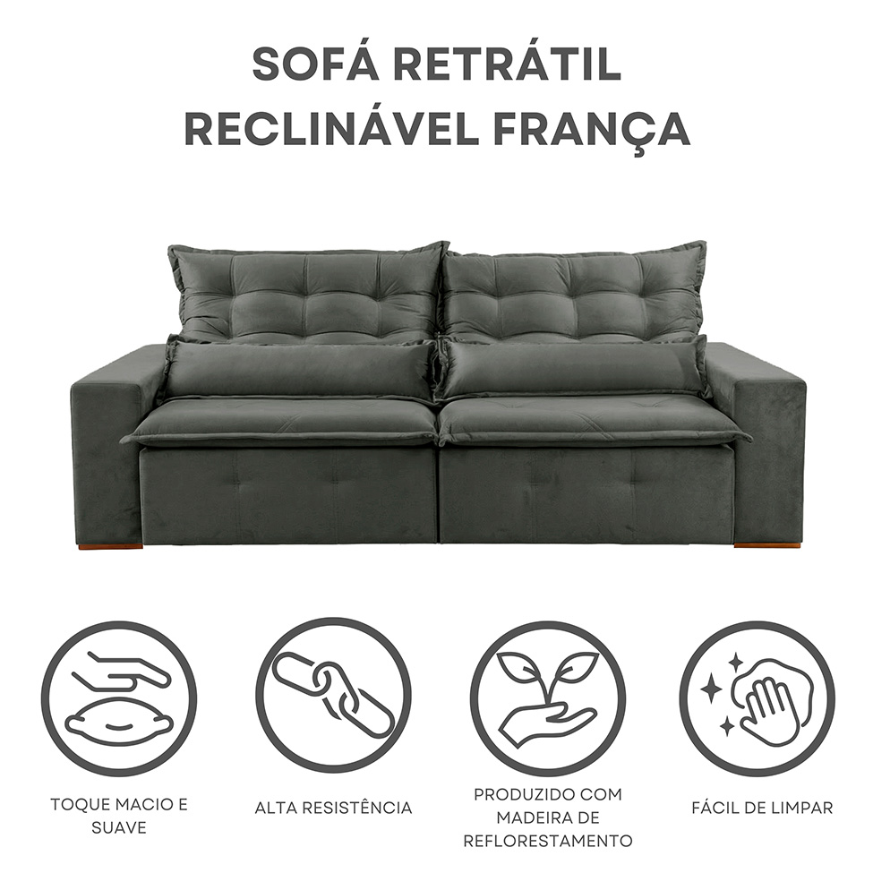 Sofá 4 Lugares Retrátil e Reclinável França Suede Cinza