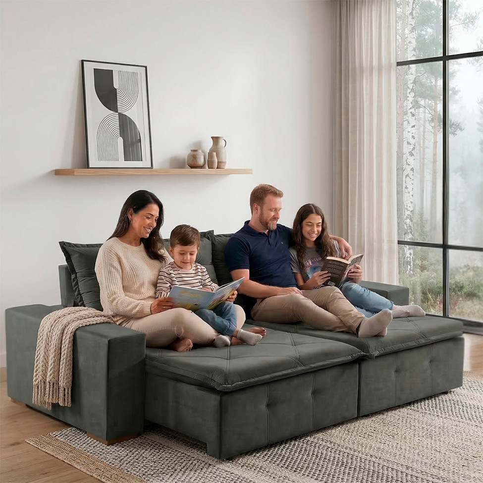 Sofá 4 Lugares Retrátil e Reclinável França Suede Cinza