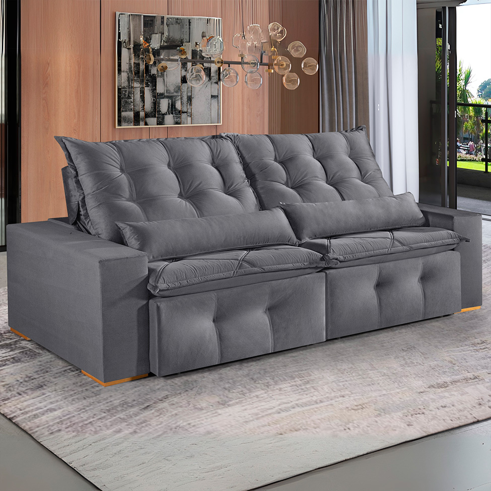 Sofá 4 Lugares Retrátil e Reclinável França Suede Cinza