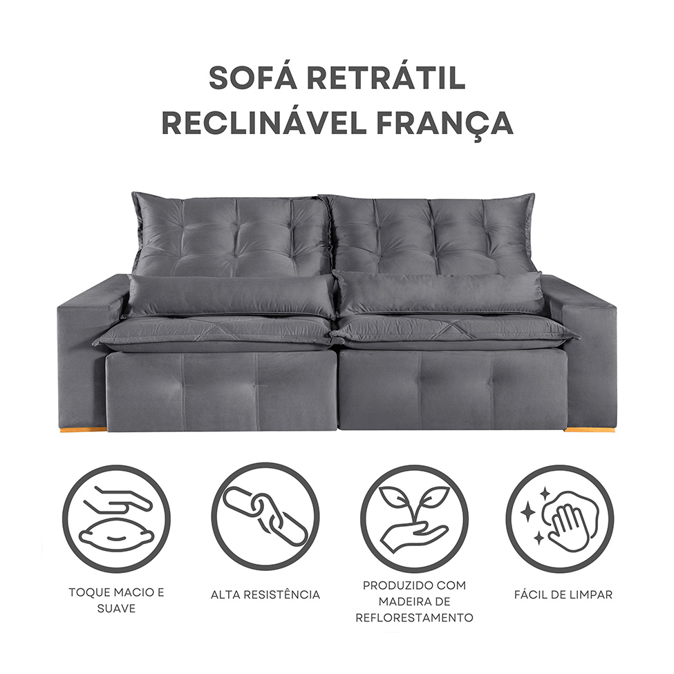 Sofá 4 Lugares Retrátil e Reclinável França Suede Cinza