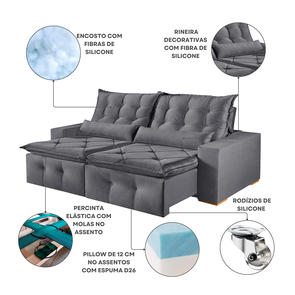 Sofá 4 Lugares Retrátil e Reclinável França Suede Cinza