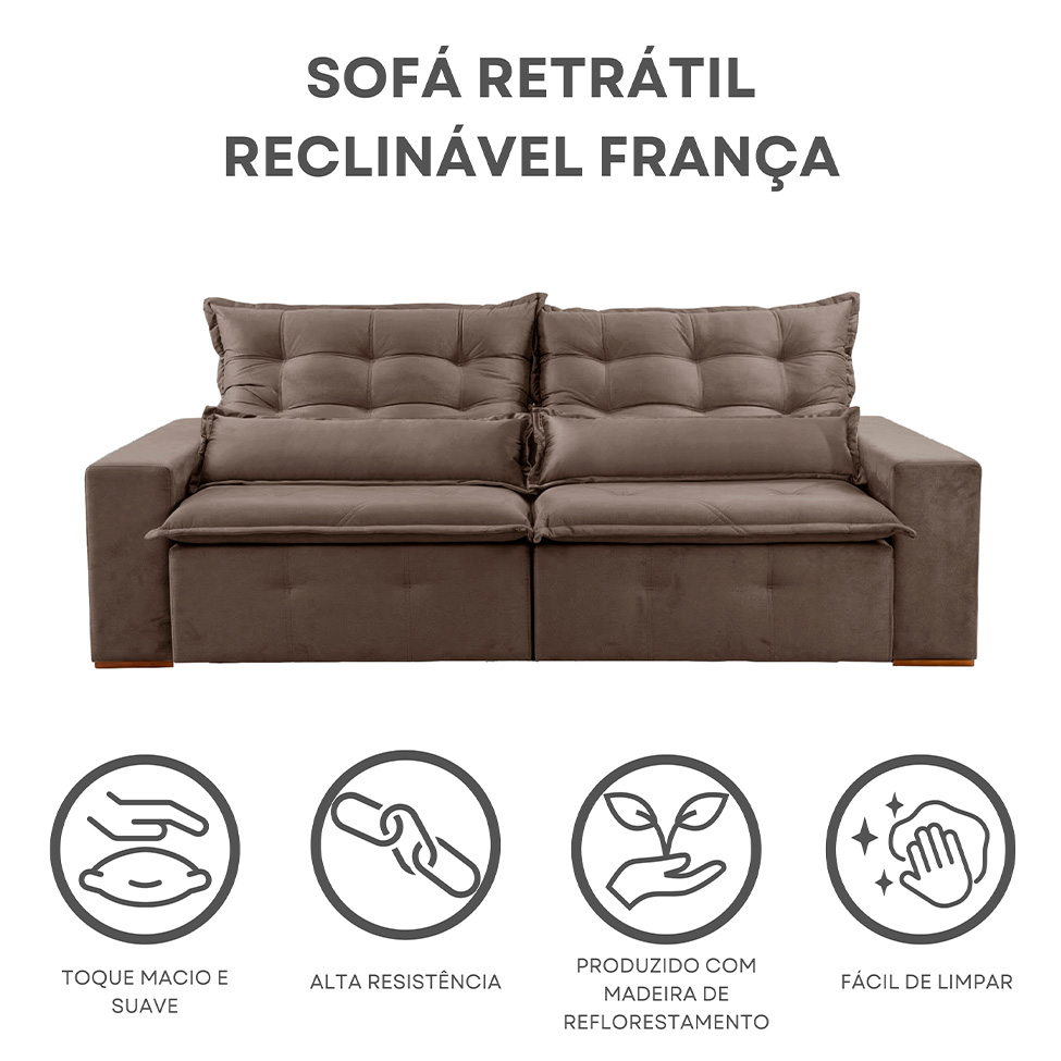 Sofá 4 Lugares Retrátil e Reclinável França Suede Marrom