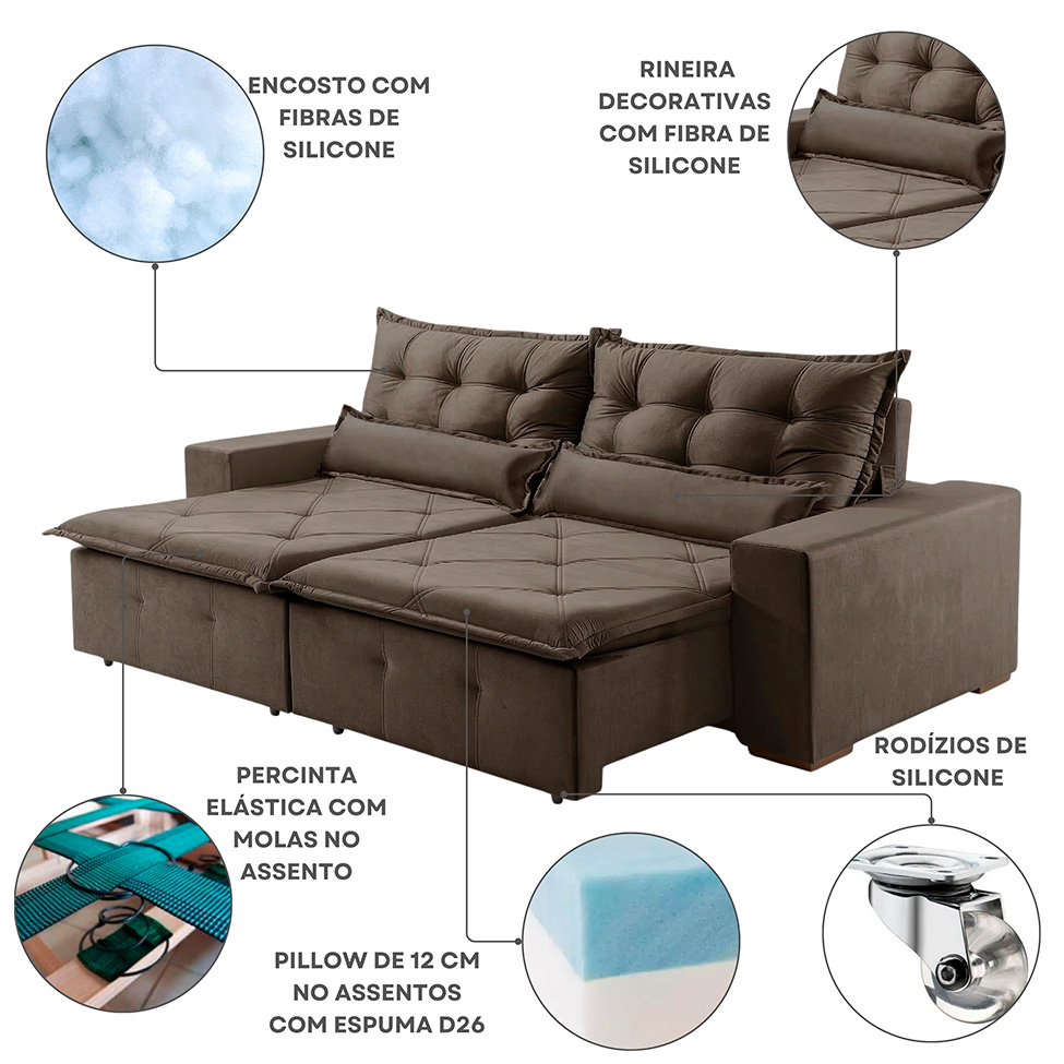 Sofá 4 Lugares Retrátil e Reclinável França Suede Marrom