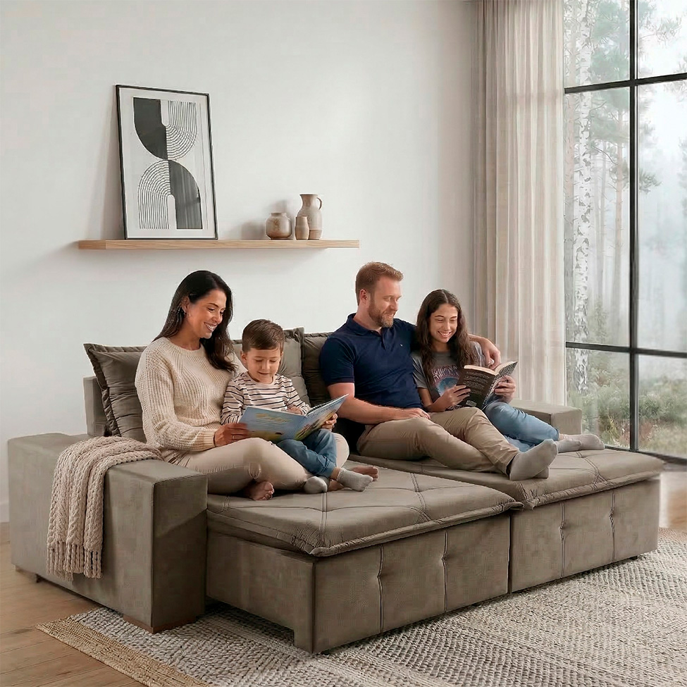 Sofá 4 Lugares Retrátil e Reclinável França Suede Marrom