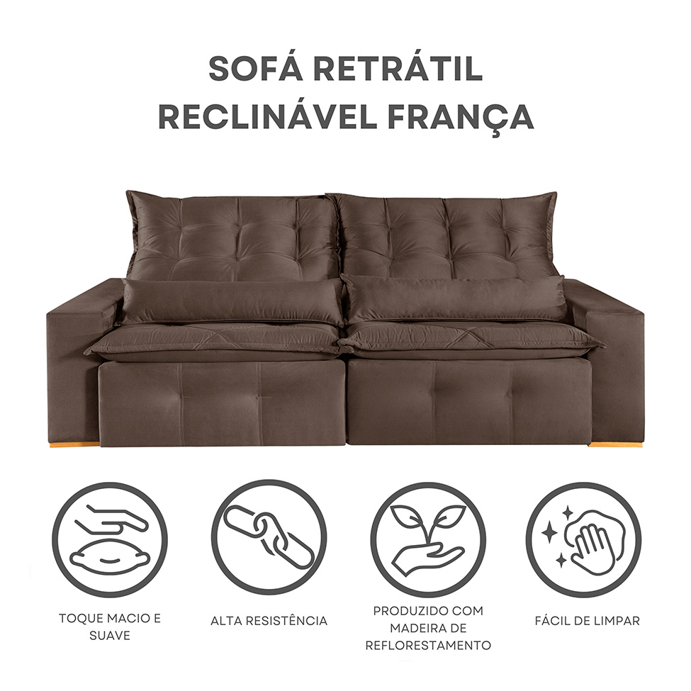 Sofá 4 Lugares Retrátil e Reclinável França Suede Marrom
