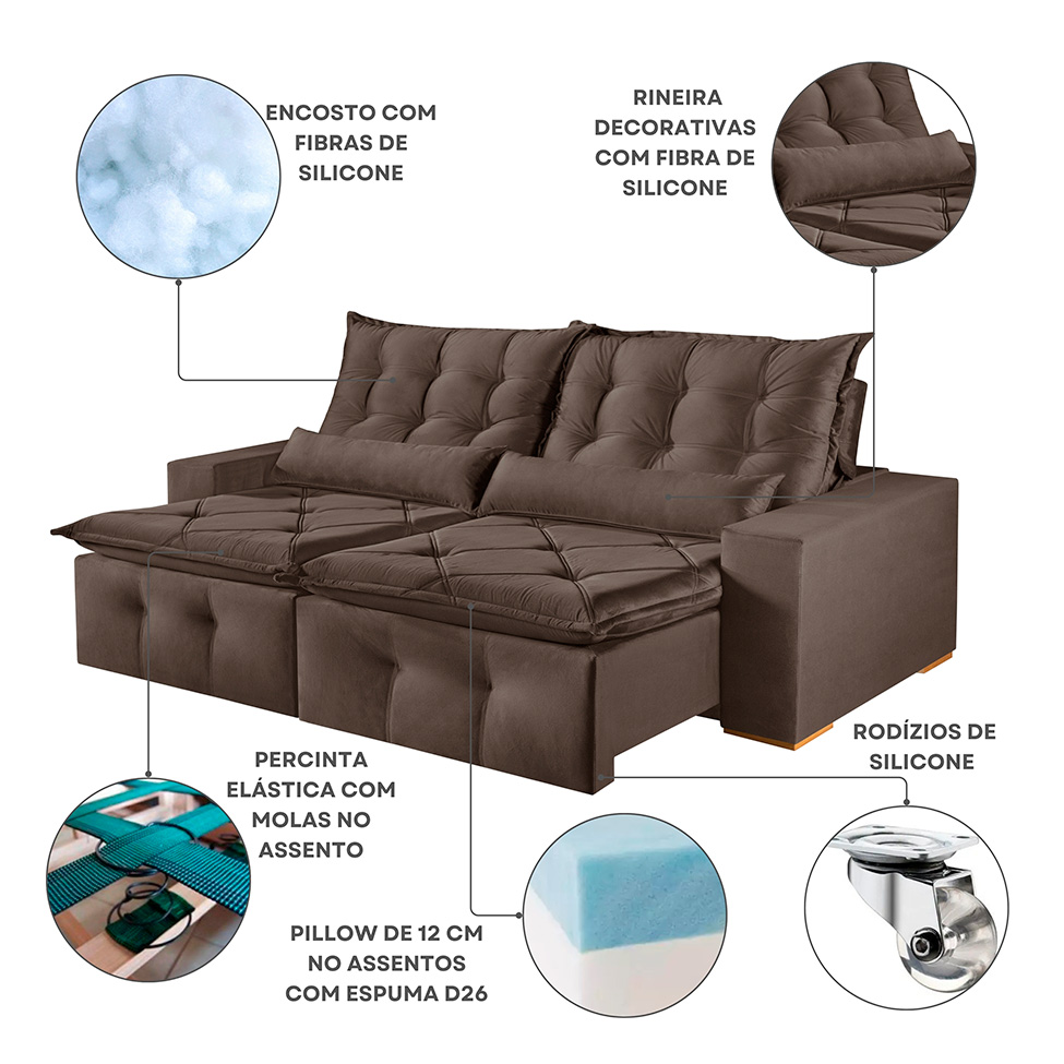 Sofá 4 Lugares Retrátil e Reclinável França Suede Marrom