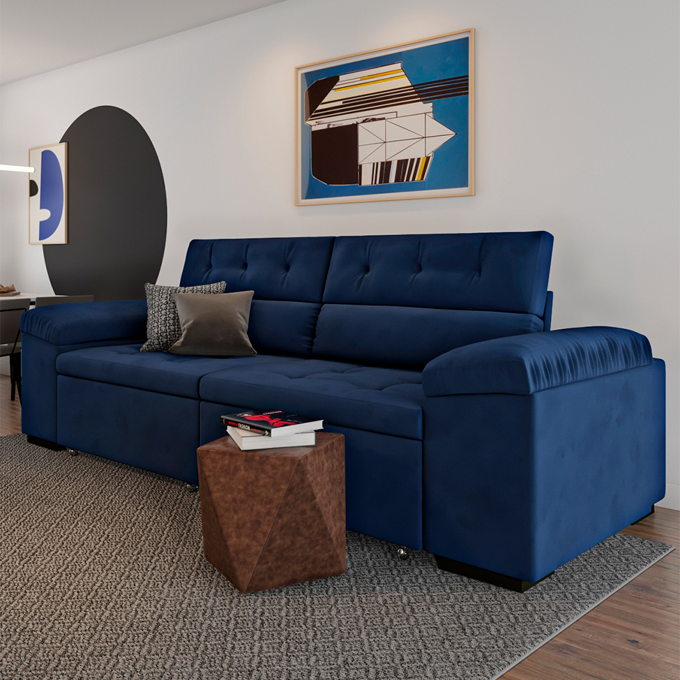 Sofá 4 Lugares Retrátil e Reclinável Herzog Veludo Azul Marinho 260 cm