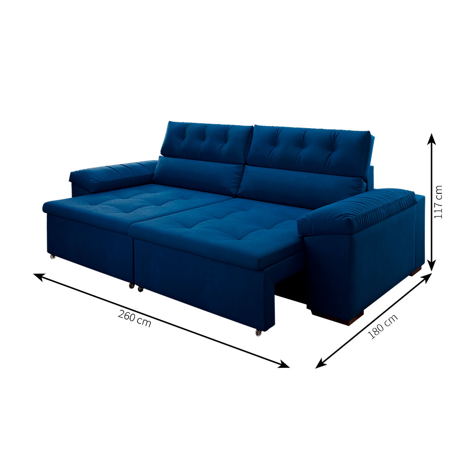 Sofá 4 Lugares Retrátil e Reclinável Herzog Veludo Azul Marinho 260 cm