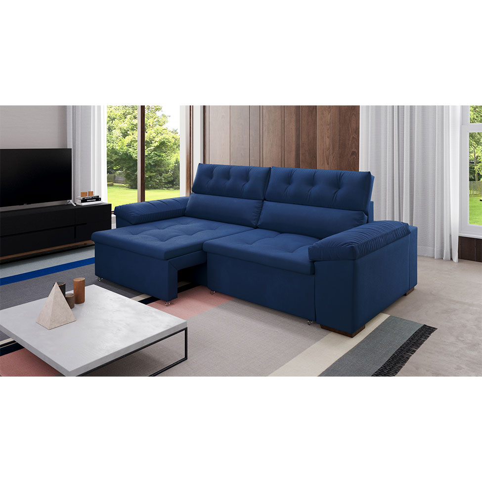 Sofá 4 Lugares Retrátil e Reclinável Herzog Veludo Azul Marinho 260 cm