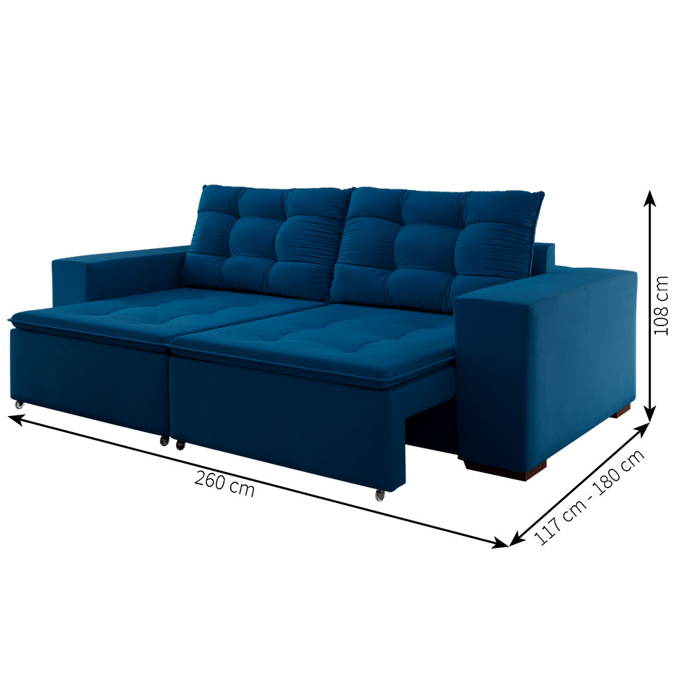 Sofá 4 Lugares Retrátil e Reclinável Luther Veludo Azul Marinho 260 cm