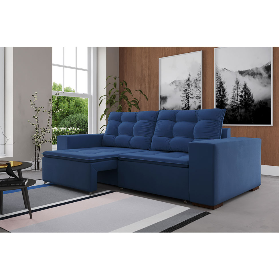 Sofá 4 Lugares Retrátil e Reclinável Luther Veludo Azul Marinho 260 cm