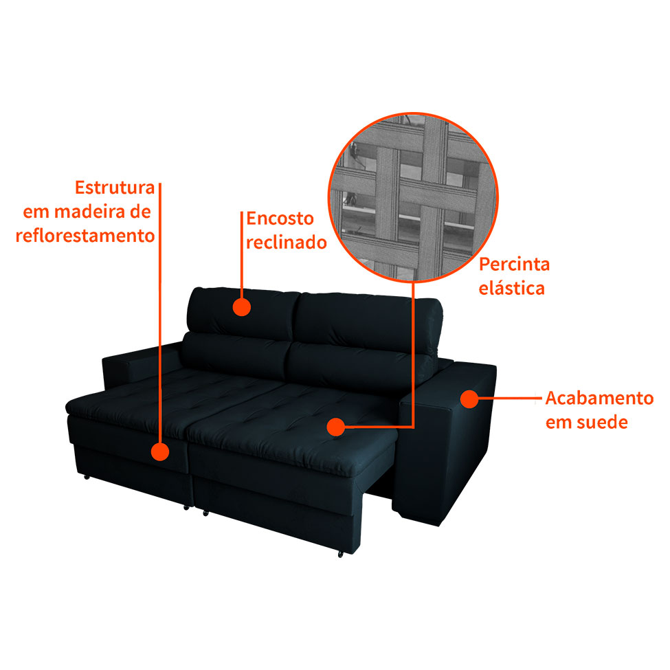 Sofá 4 Lugares Retrátil e Reclinável Montevideo Suede Preto
