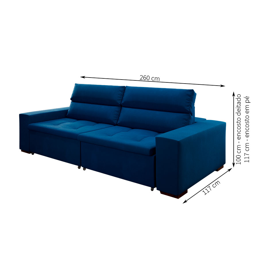 Sofá 4 Lugares Retrátil e Reclinável Spencer Veludo Azul Marinho 260 cm