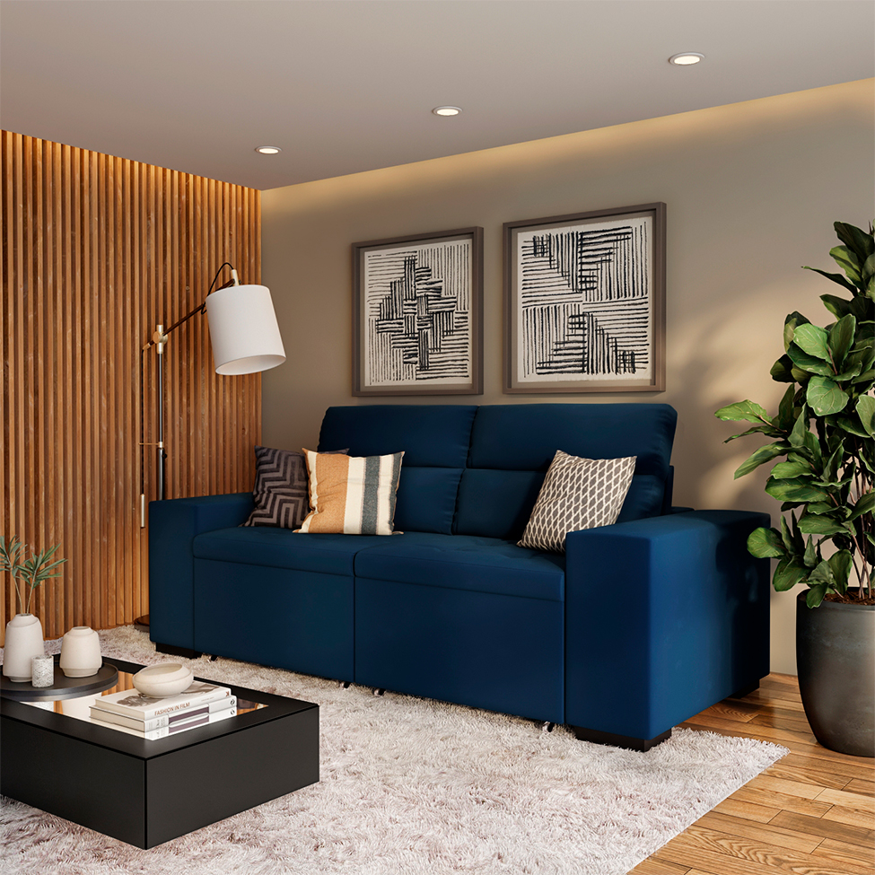 Sofá 4 Lugares Retrátil e Reclinável Spencer Veludo Azul Marinho 260 cm