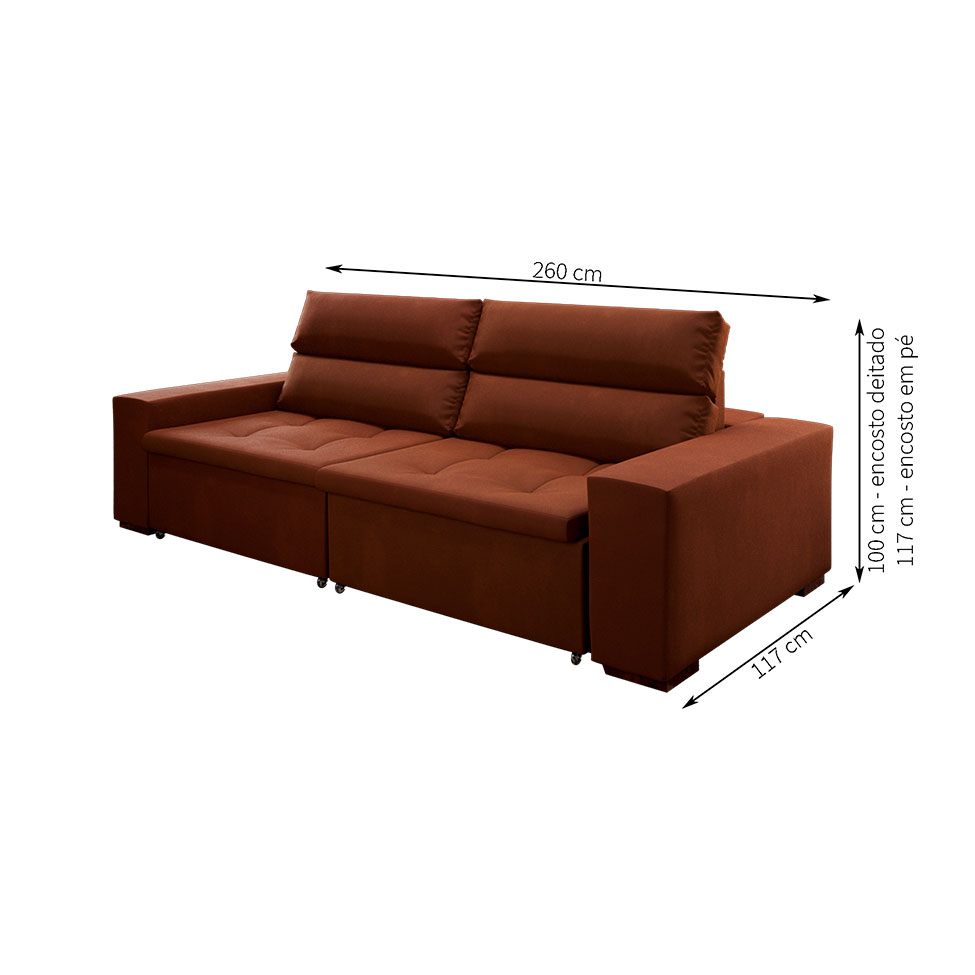 Sofá 4 Lugares Retrátil e Reclinável Spencer Veludo Marrom 260 cm