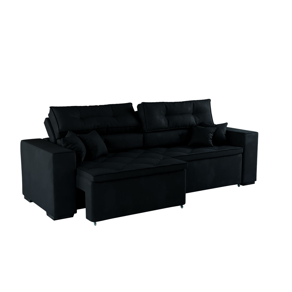 Sofá 4 Lugares Retrátil e Reclinável Tulum Suede Preto 250 cm