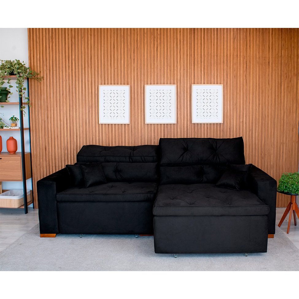 Sofá 4 Lugares Retrátil e Reclinável Tulum Suede Preto 250 cm