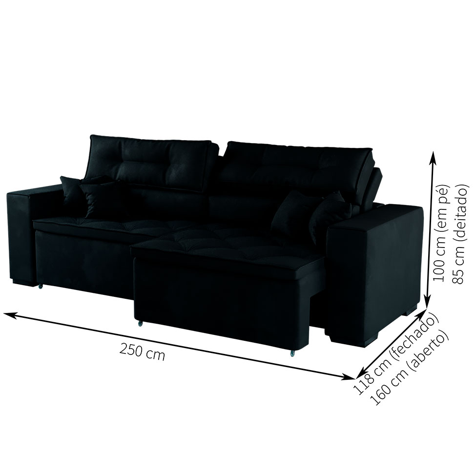 Sofá 4 Lugares Retrátil e Reclinável Tulum Suede Preto 250 cm