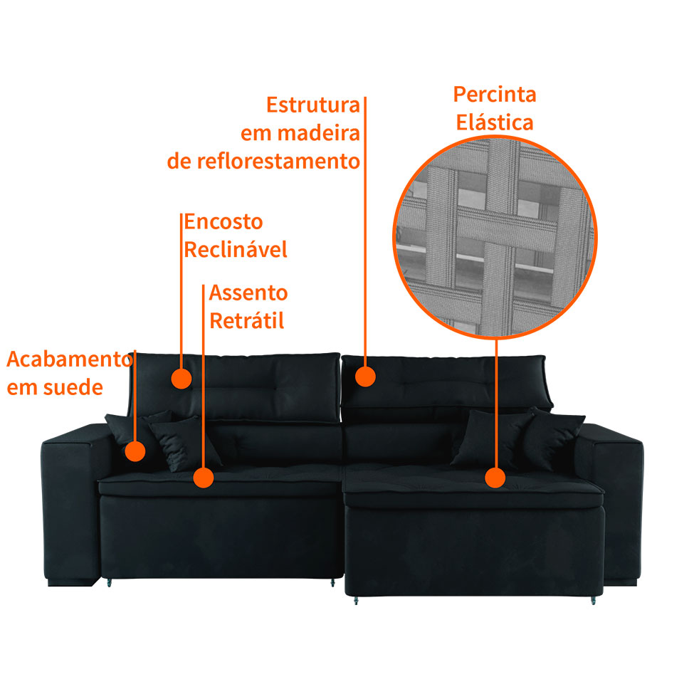 Sofá 4 Lugares Retrátil e Reclinável Tulum Suede Preto 250 cm