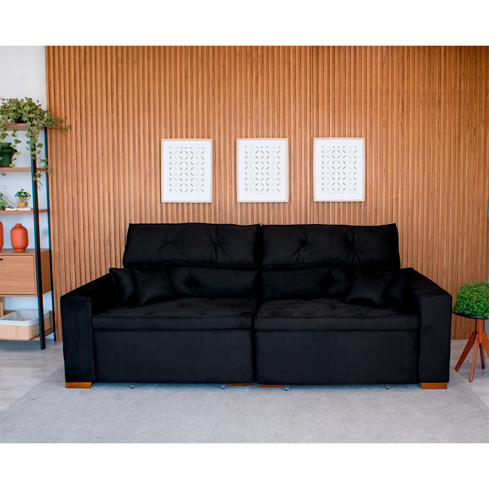 Sofá 4 Lugares Retrátil e Reclinável Tulum Suede Preto 250 cm