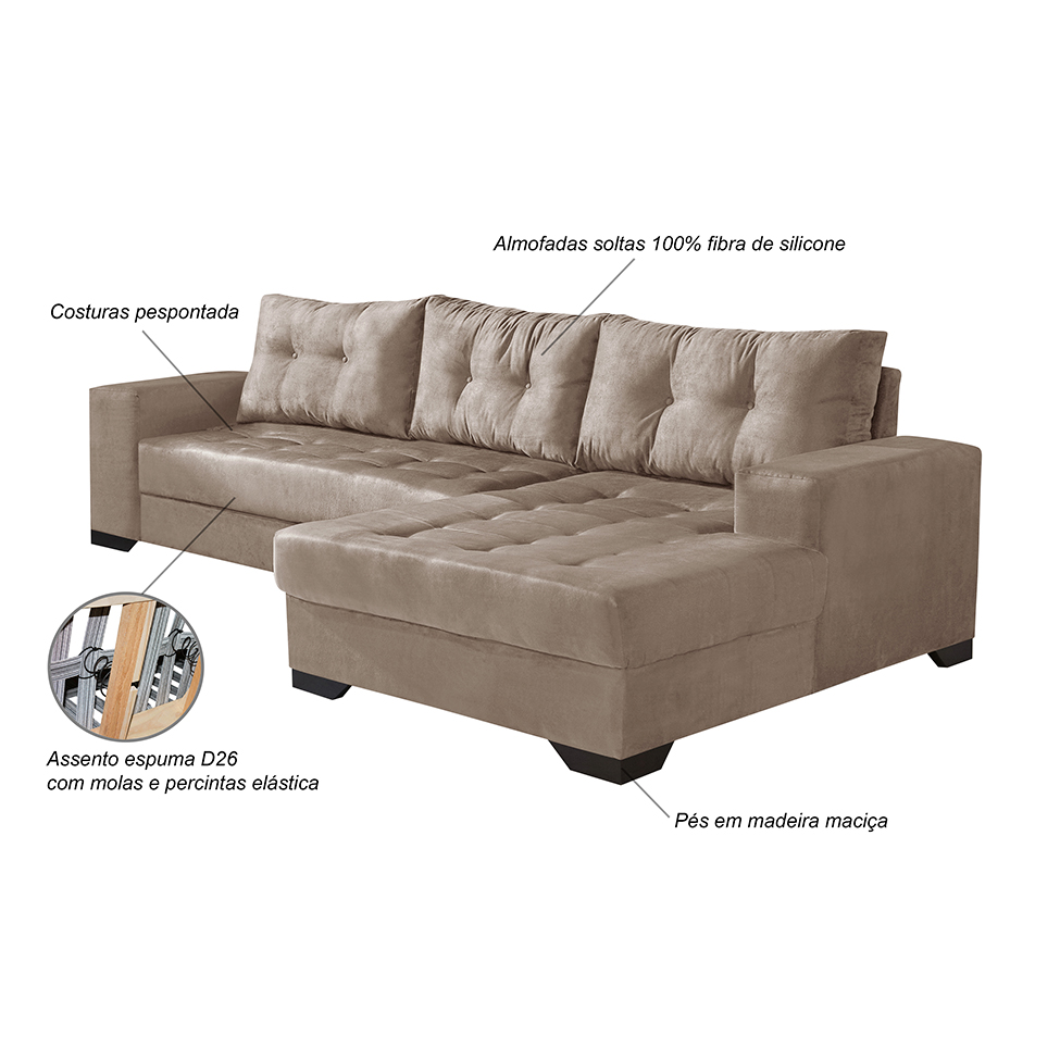 Sofá 5 Lugares Dijon com Chaise Direito Suede Chocolate