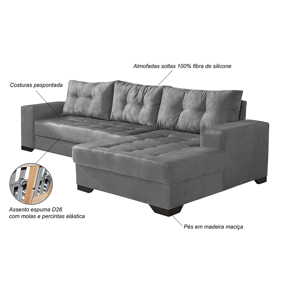 Sofá 5 Lugares Dijon com Chaise Direito Suede Cinza
