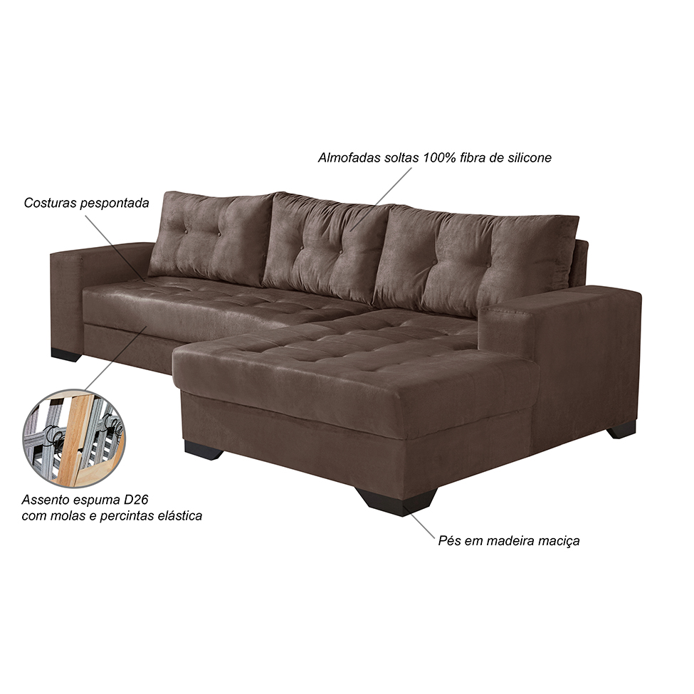 Sofá 5 Lugares Dijon com Chaise Direito Suede Marrom