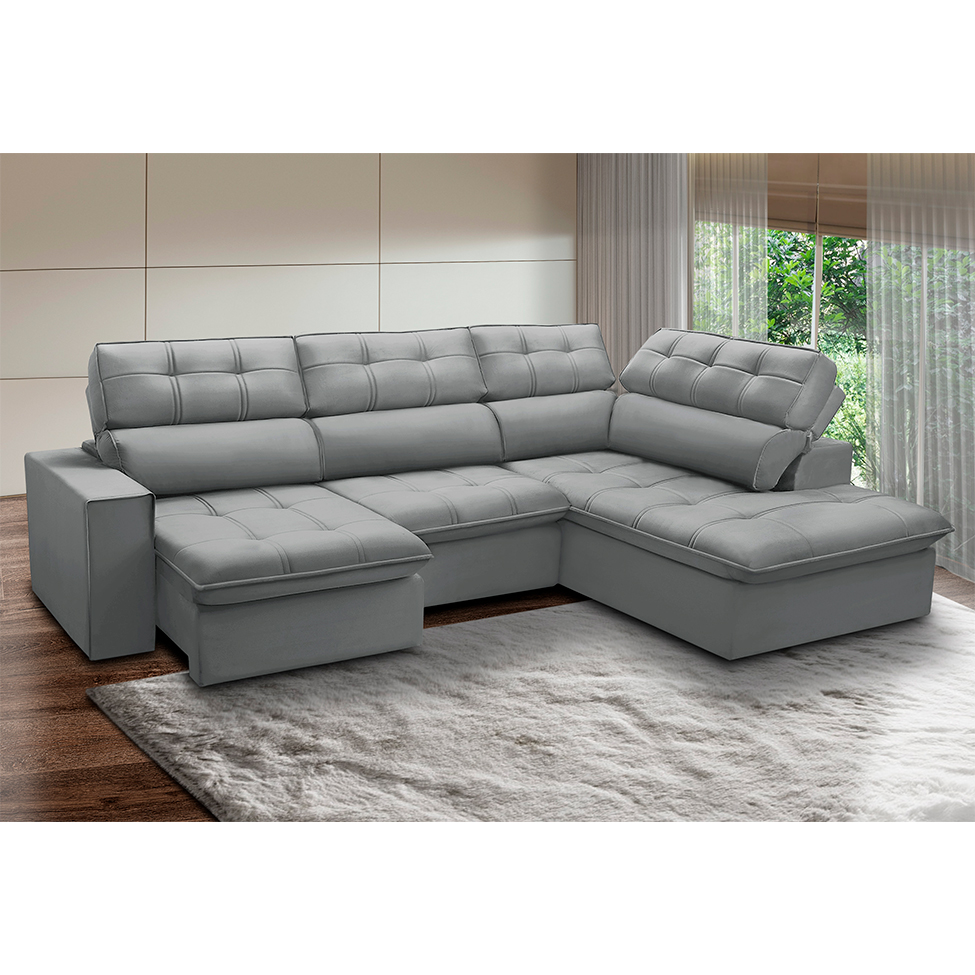 Sofá 5 Lugares Retrátil e Reclinável Arezzo com Chaise Direito Veludo Prata
