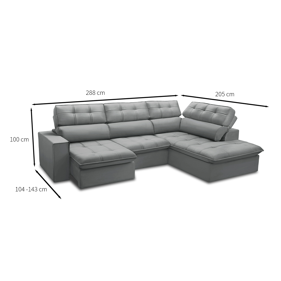 Sofá 5 Lugares Retrátil e Reclinável Arezzo com Chaise Direito Veludo Prata