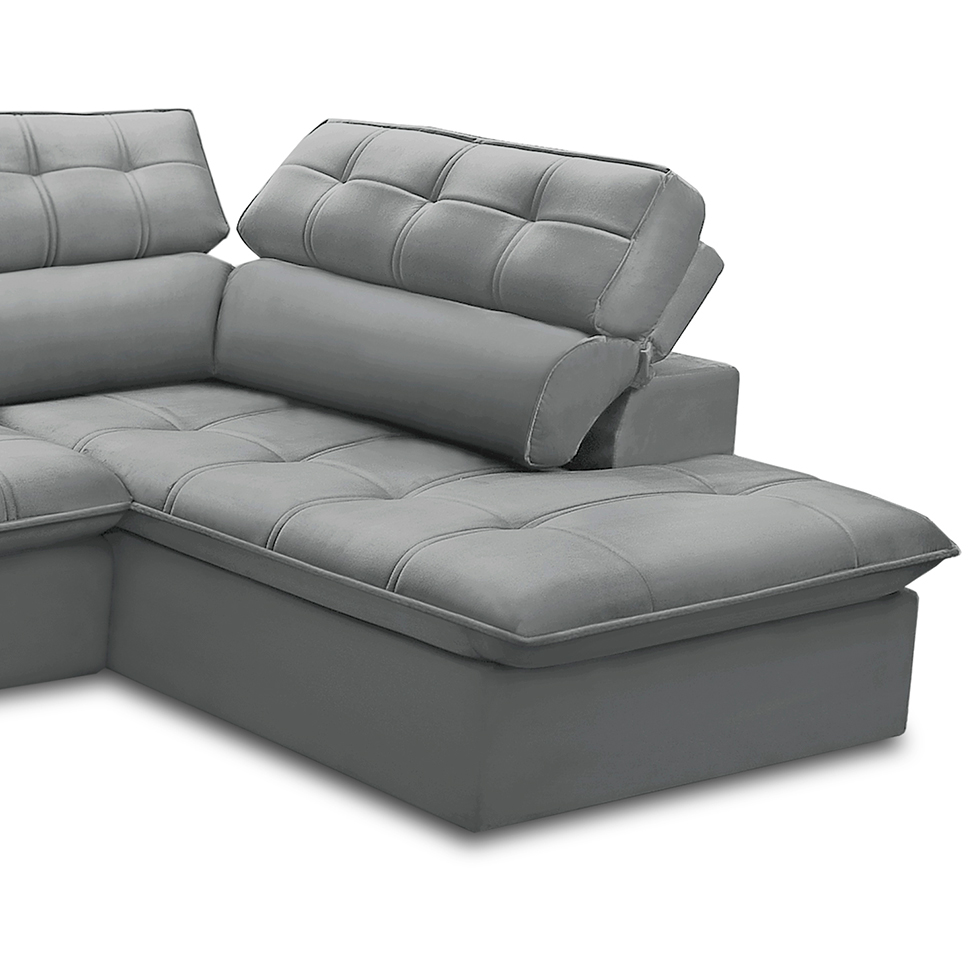 Sofá 5 Lugares Retrátil e Reclinável Arezzo com Chaise Direito Veludo Prata