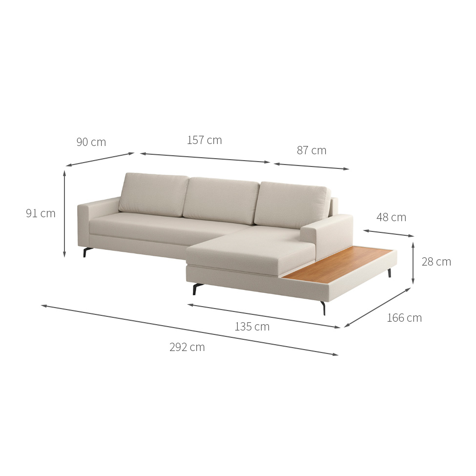 Sofá 6 Lugares Loft com Chaise Direito e Deck de Apoio Linho Areia 292 cm