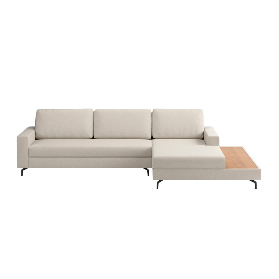 Sofá 6 Lugares Loft com Chaise Direito e Deck de Apoio Linho Areia 292 cm