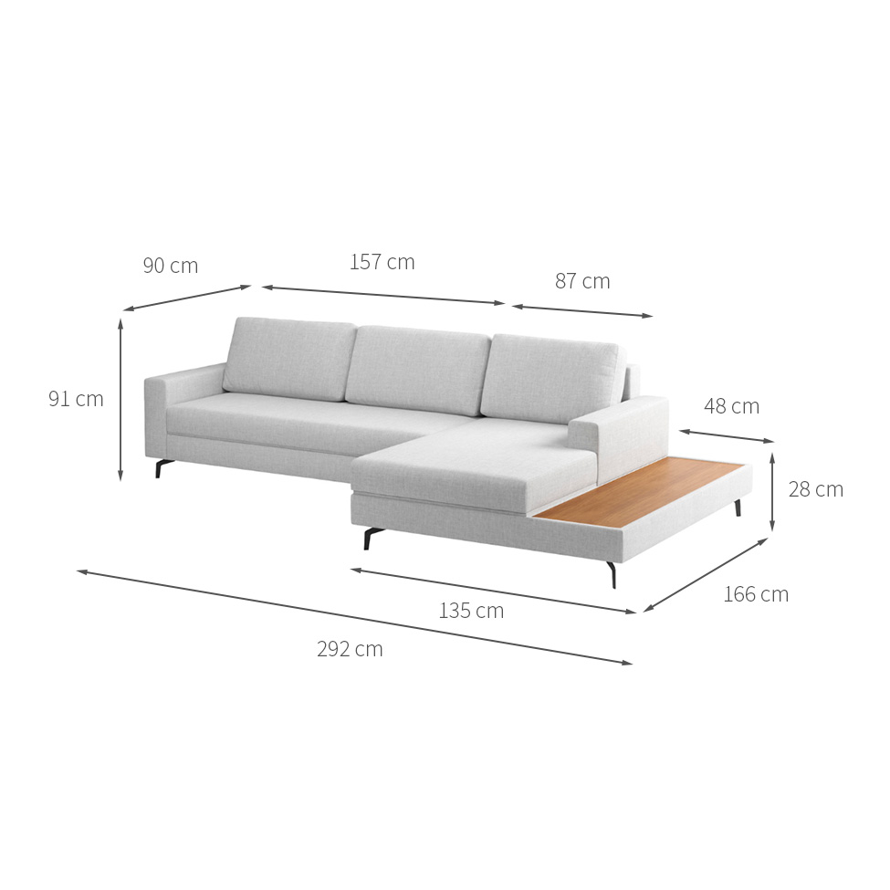 Sofá 6 Lugares Loft com Chaise Direito e Deck de Apoio Linho Cinza Claro 292 cm