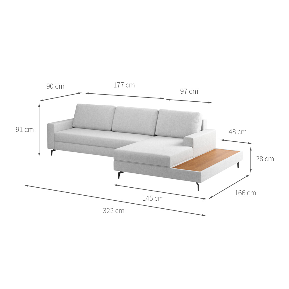 Sofá 6 Lugares Loft com Chaise Direito e Deck de Apoio Linho Cinza Claro 322 cm