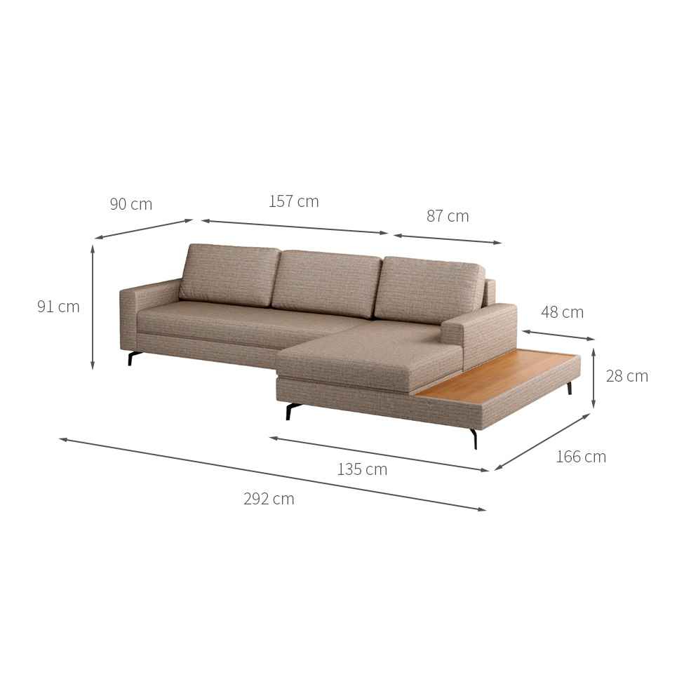 Sofá 6 Lugares Loft com Chaise Direito e Deck de Apoio Linho Cinza Escuro 292 cm