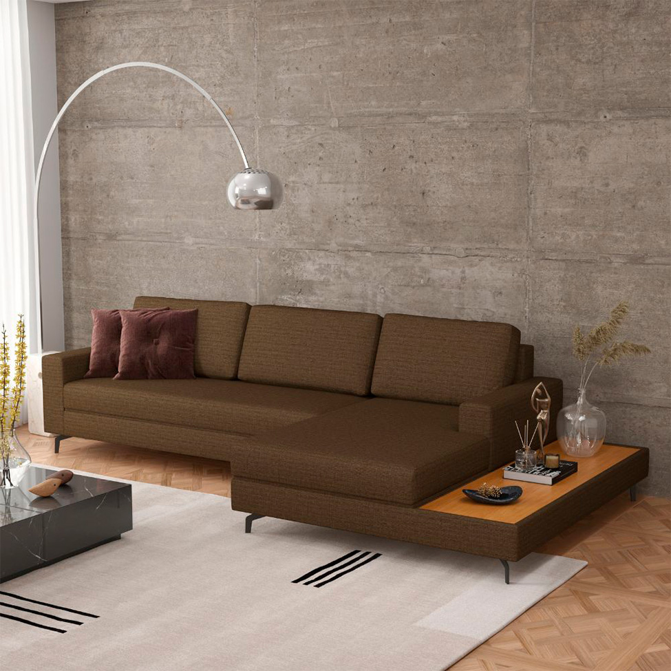 Sofá 6 Lugares Loft com Chaise Direito e Deck de Apoio Linho Marrom 322 cm