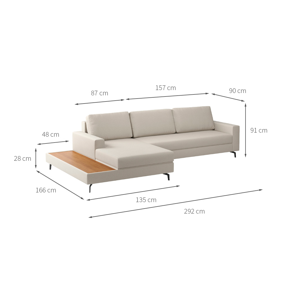 Sofá 6 Lugares Loft com Chaise Esquerdo e Deck de Apoio Linho Areia 292 cm