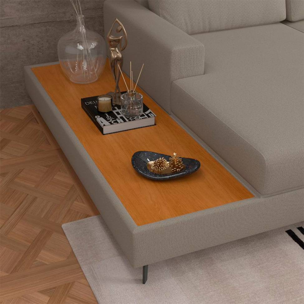 Sofá 6 Lugares Loft com Chaise Esquerdo e Deck de Apoio Linho Areia 292 cm