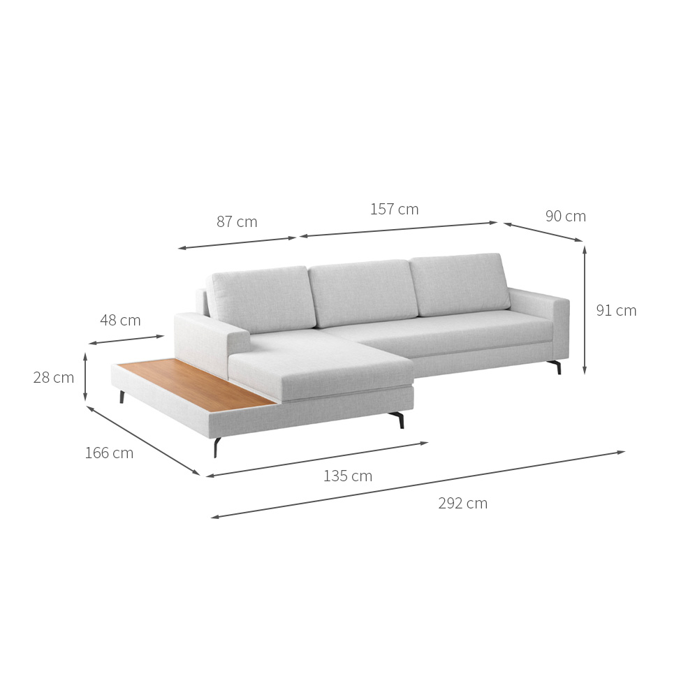 Sofá 6 Lugares Loft com Chaise Esquerdo e Deck de Apoio Linho Cinza Claro 292 cm