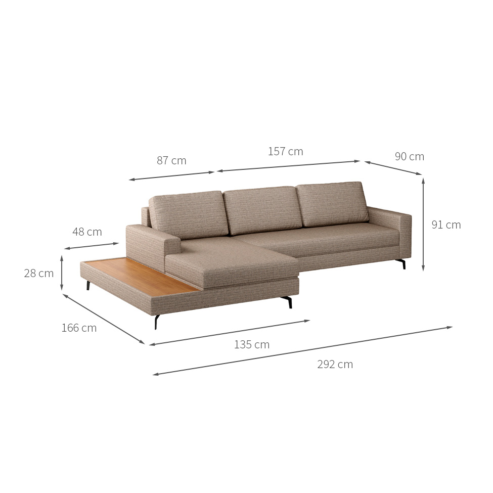 Sofá 6 Lugares Loft com Chaise Esquerdo e Deck de Apoio Linho Cinza Escuro 292 cm