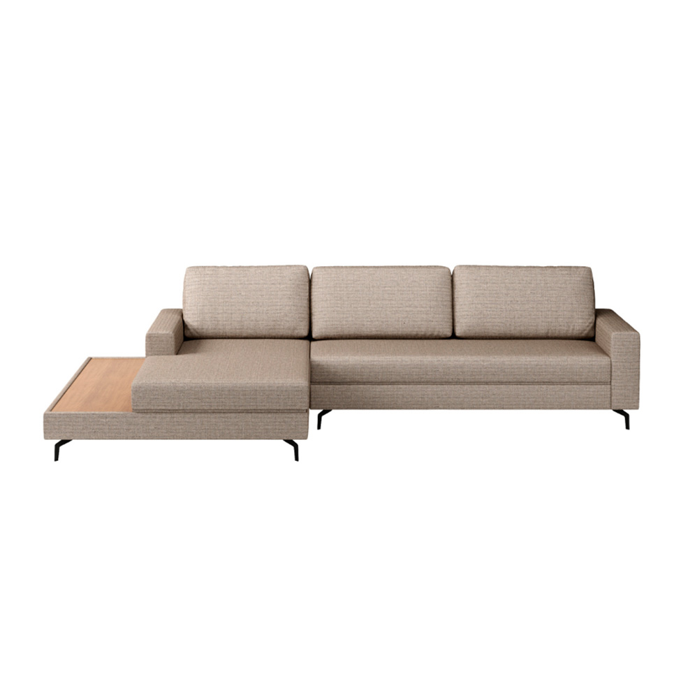 Sofá 6 Lugares Loft com Chaise Esquerdo e Deck de Apoio Linho Cinza Escuro 292 cm