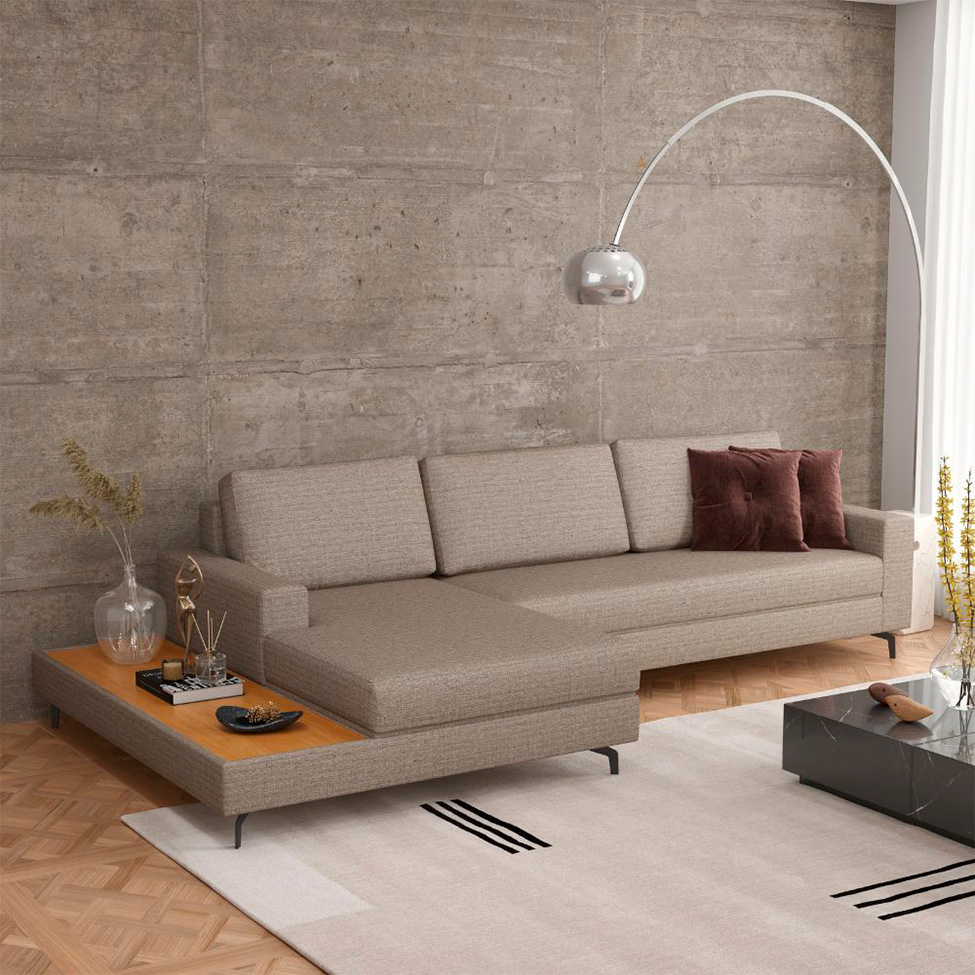 Sofá 6 Lugares Loft com Chaise Esquerdo e Deck de Apoio Linho Cinza Escuro 322 cm