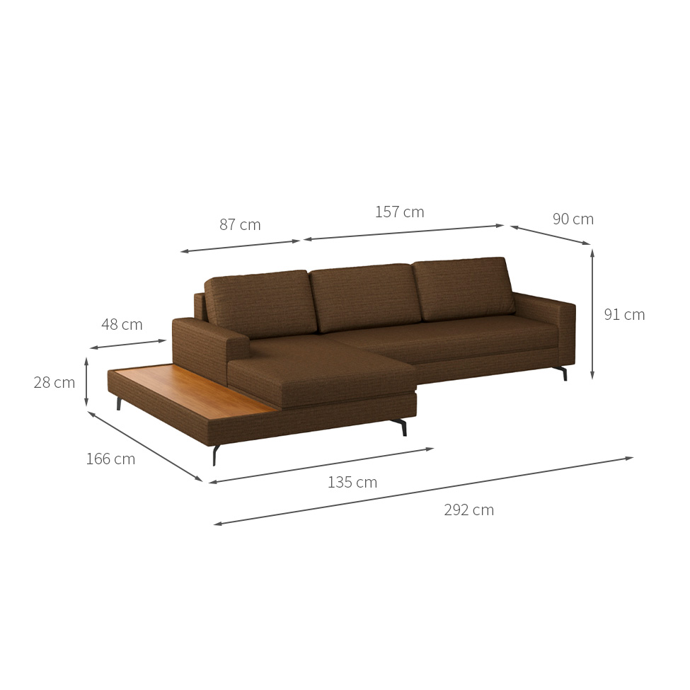 Sofá 6 Lugares Loft com Chaise Esquerdo e Deck de Apoio Linho Marrom 292 cm