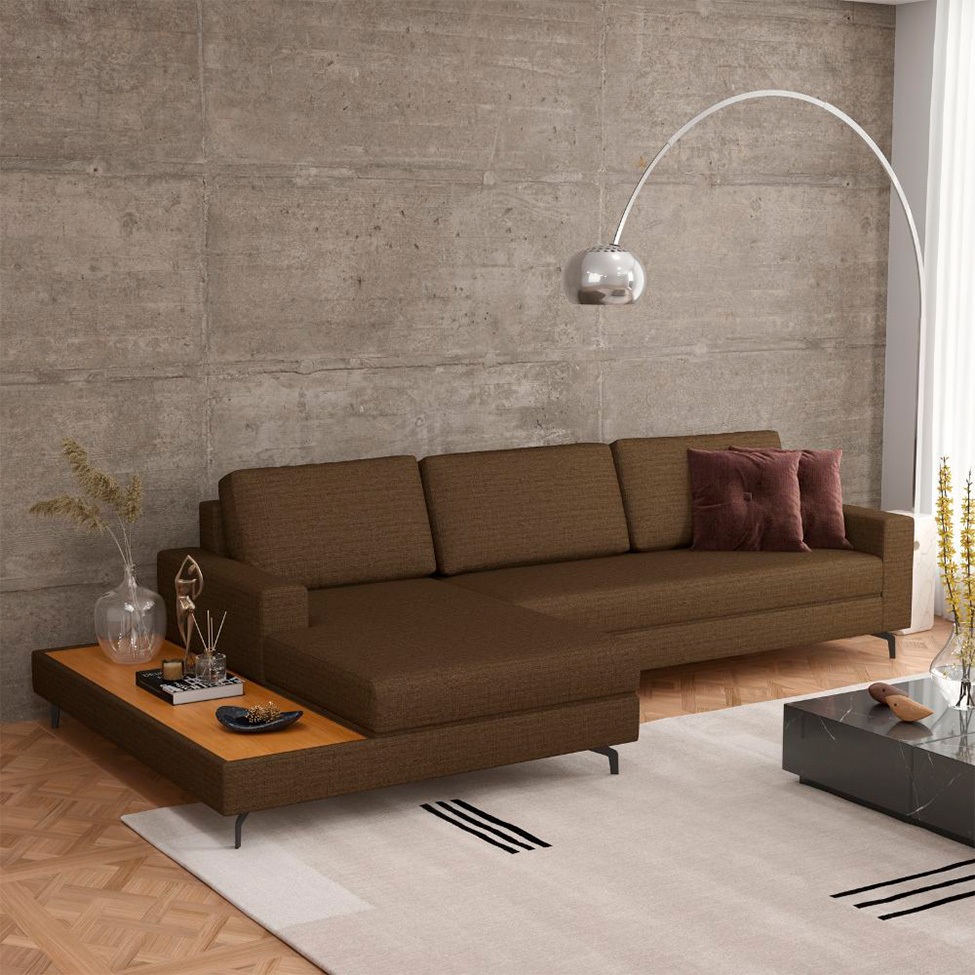Sofá 6 Lugares Loft com Chaise Esquerdo e Deck de Apoio Linho Marrom 322 cm