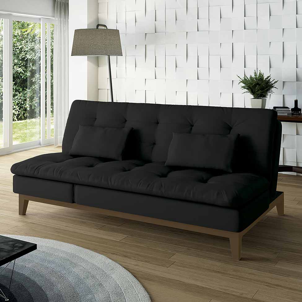Sofá-Cama 3 Lugares Casal Amanda com Pés de Madeira Preto