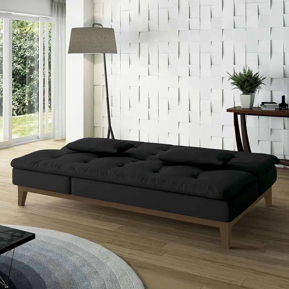 Sofá-Cama 3 Lugares Casal Amanda com Pés de Madeira Preto