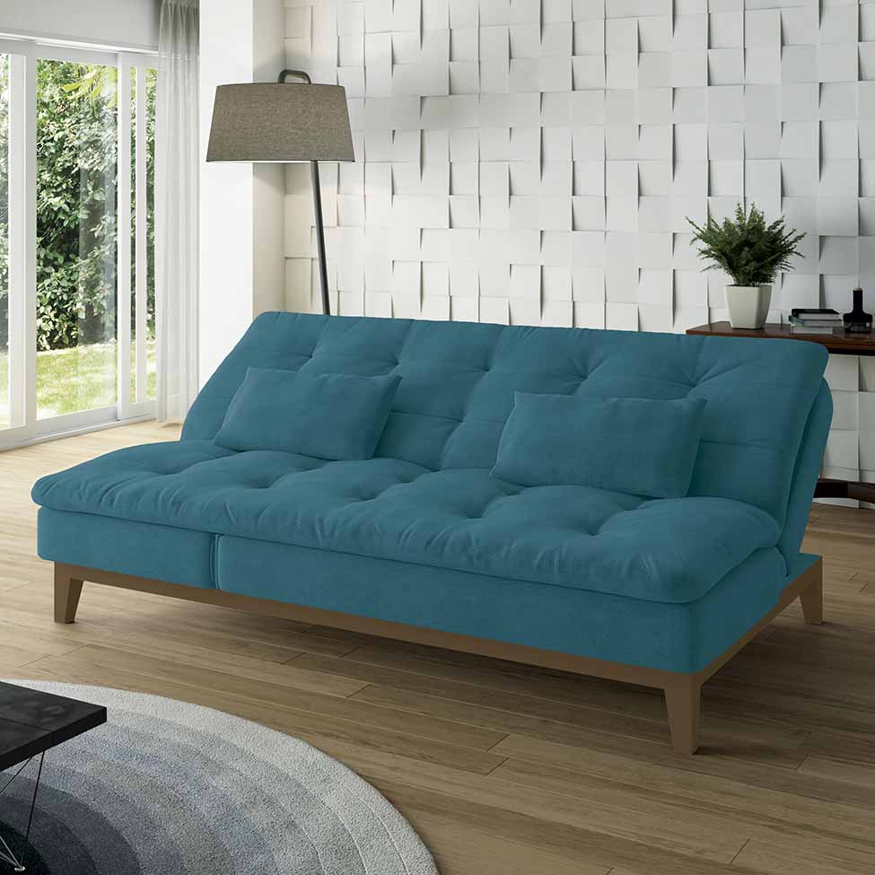 Sofá-Cama 3 Lugares Casal Amanda com Pés de Madeira Suede Azul