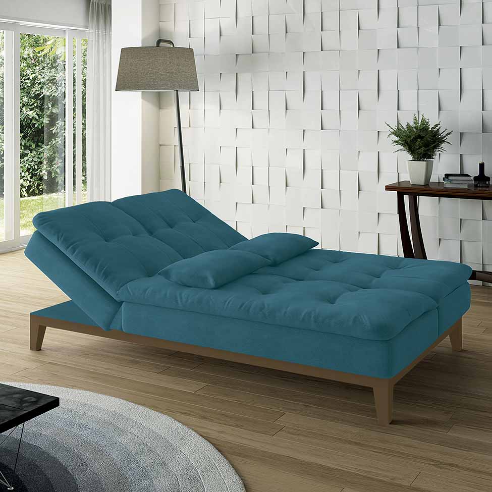 Sofá-Cama 3 Lugares Casal Amanda com Pés de Madeira Suede Azul