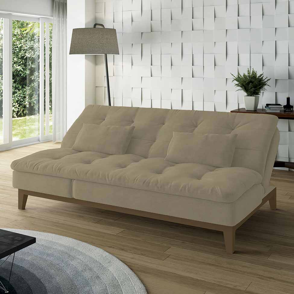 Sofá-Cama 3 Lugares Casal Amanda com Pés de Madeira Suede Bege
